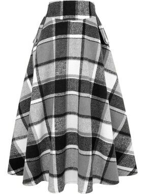 Women's Grey Plaid Fall Winter High Waisted Wool Plaid A-line Long Maxi Skirt